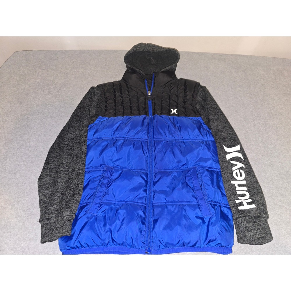 Hurley Boys Blue Black Grey Hooded Puffer Hybrid Jacket Large 12-14 L G G